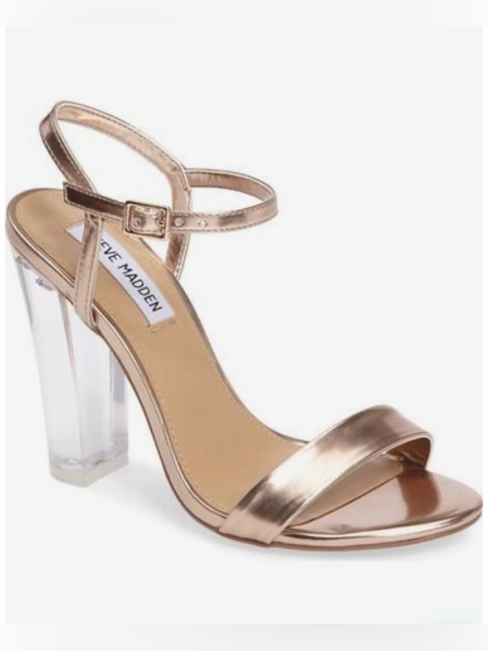 Steve Madden Rose Gold Lucite Block Heel Sandals | Metallic Glam